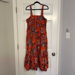 RHODE x Target Orange Floral Leaf Print Midi Tiered Dres